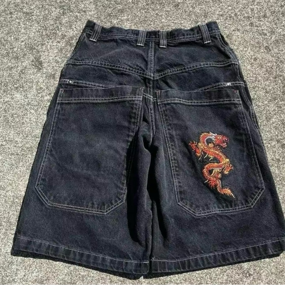 Men's Black Jean Shorts with Dragon Embroidery